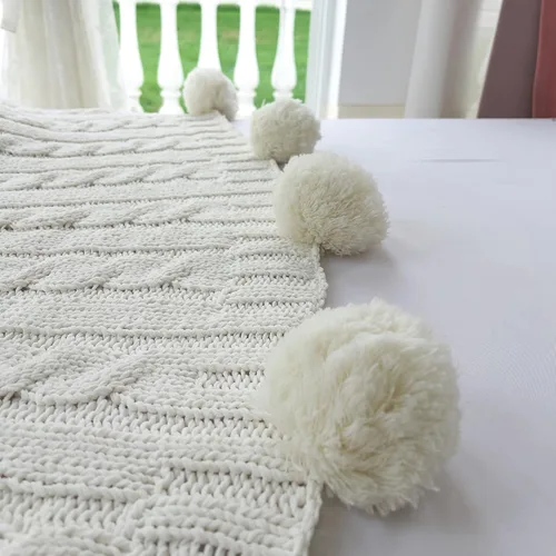 Miniatura 5 de Manta de punto de felpilla gruesa con 14 piezas con pompones, súper suave, acogedora y cálida, para sofá y cama, sofá suave, 50 x 60 pulgadas