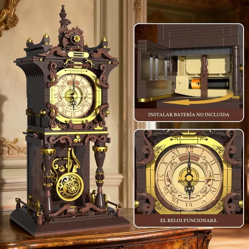 Miniatura 3 de Juego de bloques de construcción de reloj de péndulo vintage, péndulo móvil que funciona realmente y esfera giratoria, juguetes de bloques