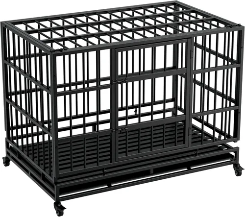 Miniatura 9 de Jaula plegable indestructible para perros con ruedas, jaula de metal resistente a prueba de escapes de 48 pulgadas para perros grandes y medianos