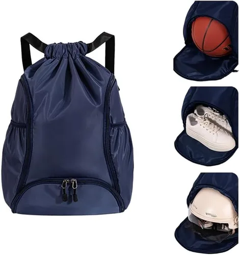 Miniatura 11 de Mochila deportiva con cordón, bolsa de gimnasio impermeable para mujeres y hombres, paquete de baloncesto con compartimento para zapatos, Negro