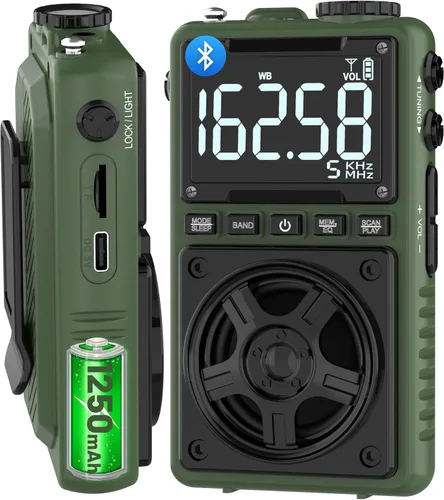 Miniatura 10 de Radio de onda corta Bluetooth AM FM con alerta meteorológica NOAA, radio de bolsillo portátil recargable de 1250 mAh con la mejor recepción, altavoz