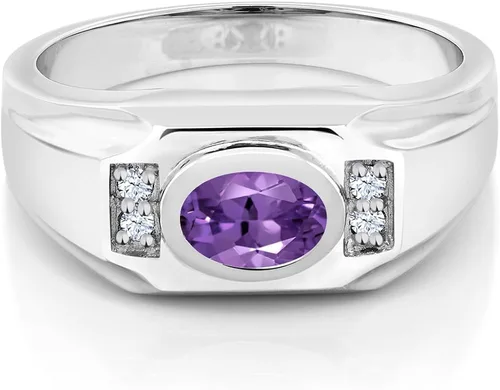 Miniatura 2 de Gem Stone King Anillo de plata de ley 925 ovalado de amatista púrpura y zafiro creado en blanco para hombre (1.26 quilates) disponible 7, 8, 9, 10