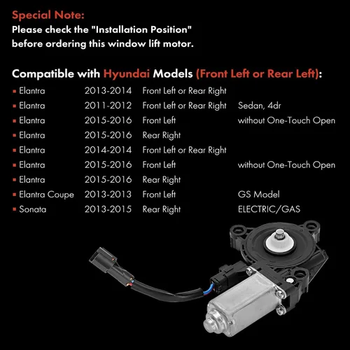 Miniatura 4 de Motor de elevación de ventana eléctrica A-Premium (con conector de 2 pines) Compatible con Hyundai Elantra Coupe 2013, Elantra 2011-2016, Sonata