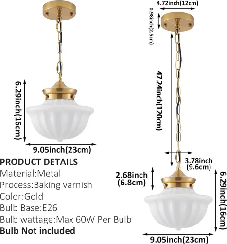 Miniatura 3 de youngrender Accesorios de Lámpara Colgante Estilo Escuela, Lámpara Colgante de Cristal Lechoso Dorado de Latón de 9", Iluminación Colgante de Techo