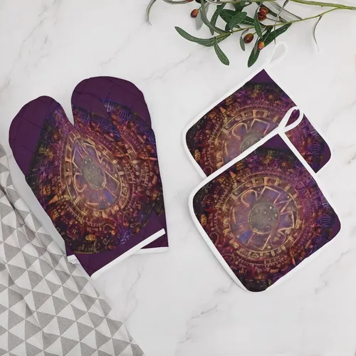 Miniatura 5 de Guantes de horno y agarraderas con calendario maya azteca, guantes de barbacoa, guantes de cocina para cocinar, hornear y asar a la parrilla