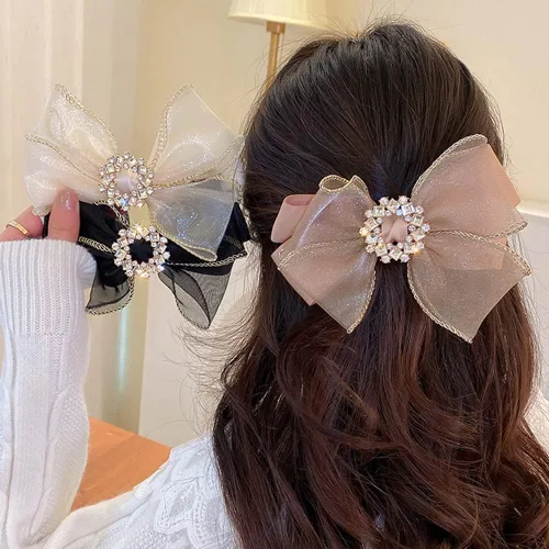 Miniatura 6 de Jumwrit Pinza para el pelo con lazo grande, pasador de pelo con diamantes de imitación, sujeción fuerte, lazo de malla para el cabello, accesorios