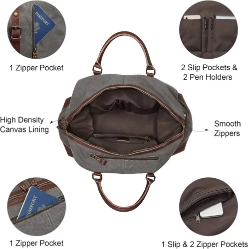 Miniatura 11 de S-ZONE - Bolsa de viaje de lona sobredimensionada con adornos de cuero genuino, bolsa deportiva de hombro de fin de semana, bolso de fin de semana