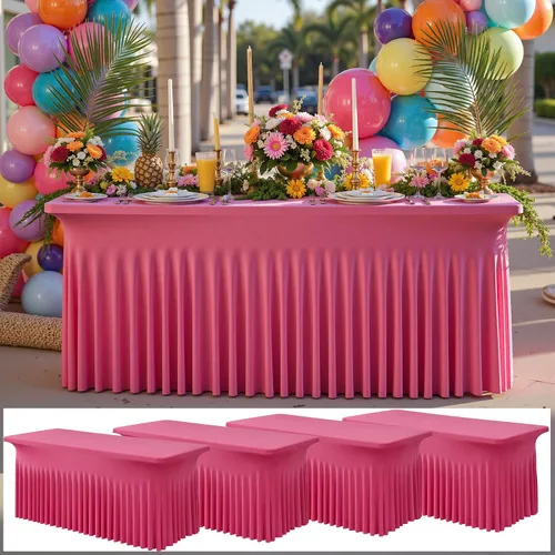 Miniatura 20 de Paquete de 2 manteles de elastano azul bebé de 6 pies con falda de mesa con volantes, manteles ajustables elásticos sin arrugas para mesas