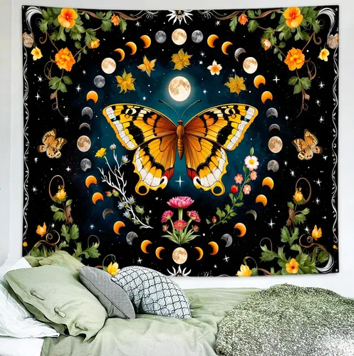 Miniatura 2 de Delur Tapiz de mariposa y luna, flores, botánico, floral, bohemio, tapiz para colgar en la pared, mandala estético, hongo, retro, vintage, cabecero