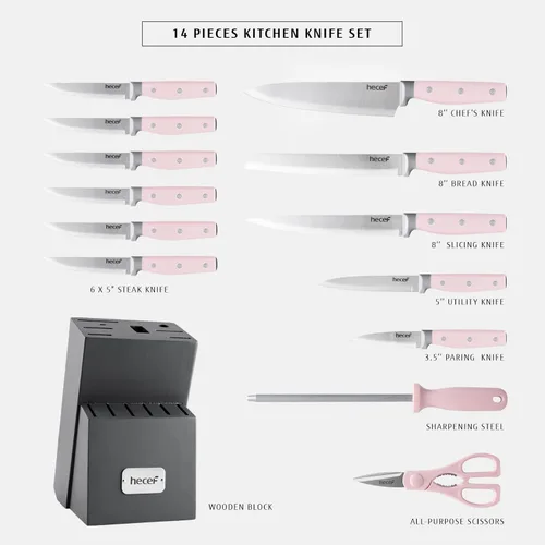 Miniatura 2 de hecef Juego de cuchillos de cocina, juego de cuchillos de 14 piezas con bloque de madera y afilador de acero y tijeras multiusos, juego de cubiertos