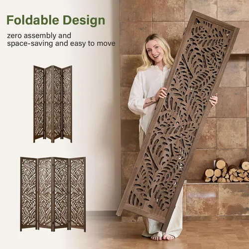 Miniatura 3 de Divisor de habitación tallado con hojas, pantalla de privacidad de 67 pulgadas de alto, panel divisor de pantalla de madera decorativa plegable