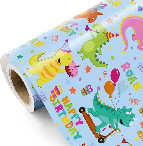 Miniatura 10 de WRAPAHOLIC - Rollo de papel de regalo de dinosaurio - Rollo mini - 17 pulgadas x 33 pies - Papel de regalo de dinosaurio verde, perfecto