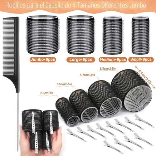 Miniatura 2 de Rodillos rizadores de cabello para mujer, 24 unidades, sin calor, con 12 clips, 4 tamaños (Jumbo Grande, Mediano, Pequeño), Rodillos de pelo