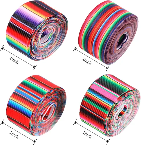 Miniatura 4 de WILLBOND 6 rollos de cintas de serape con rayas arcoíris mexicanas de 1 pulgada, cinta colorida de grogrén para fiestas, manualidades, decoración