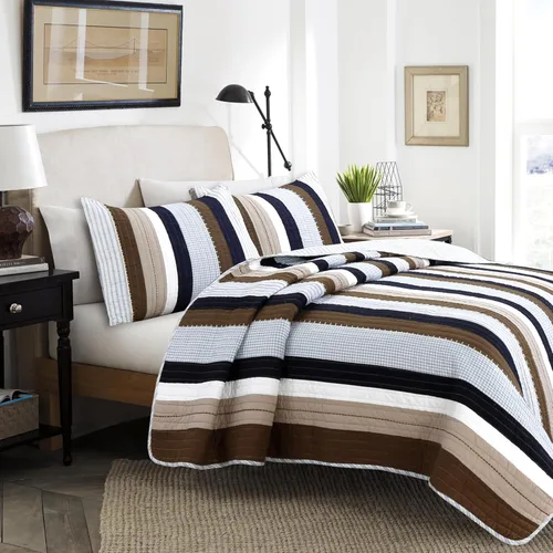 Miniatura 9 de Cozy Line Home Fashions Juego de ropa de cama acolchada reversible para niño de 100% algodón a rayas azul marino, colcha cubrecama para todas