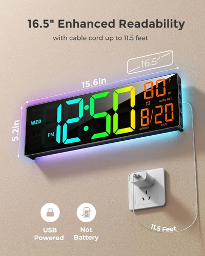 Miniatura 9 de EASYERA Reloj de pared digital grande de 16.5 pulgadas con sincronización BT, luces RGB con control remoto de 11 escenas, reloj LED grande