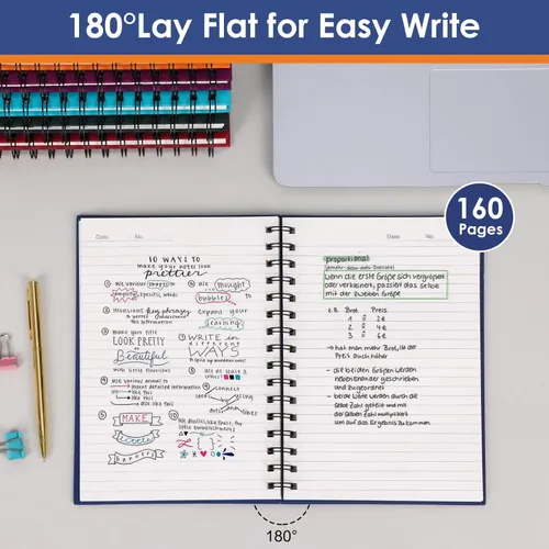 Miniatura 3 de LABUK 8 cuadernos en espiral de tapa dura, diarios en espiral A5, 160 páginas, papel grueso con rayas universitarias para trabajo, escuela