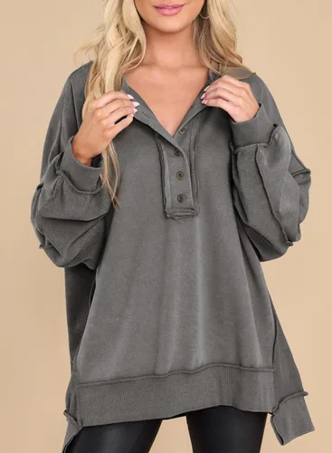 Miniatura 43 de AlvaQ - Sudadera de gran tamaño para mujer, informal, de manga larga, con botones y cuello Henley, tipo túnica