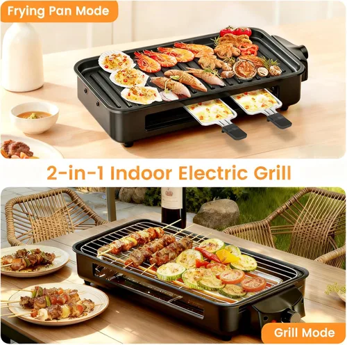 Miniatura 2 de YOHAWJAN - Parrilla eléctrica para interiores de 1700 W, 2 en 1, sin humo, para cocina, con red de parrilla y placa extraíble antiadherente