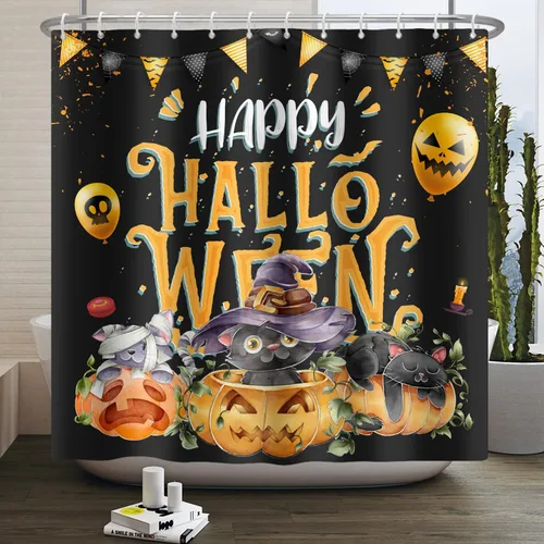 Miniatura 5 de Cortina de ducha de Halloween, cortinas de ducha de calabaza y gato aterradoras para baño, decoración de fiesta de Hlloween, cortina de baño
