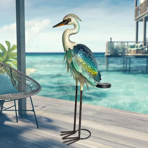 Miniatura 11 de HONGLAND Estatua de grúa de metal solar para jardín, escultura de garza de cristal al aire libre, decoración de pájaro costero del océano