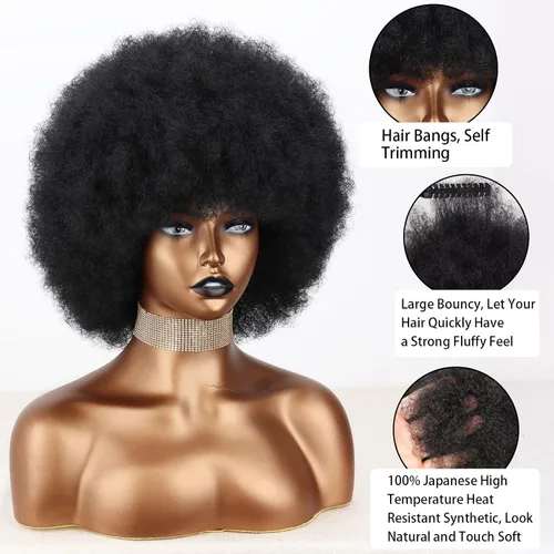 Miniatura 4 de Xinran Pelucas afro cortas de los años 70 para mujeres negras, peluca afro corta negra sintética grande de los años 70, peluca afro de 8 pulgadas 60