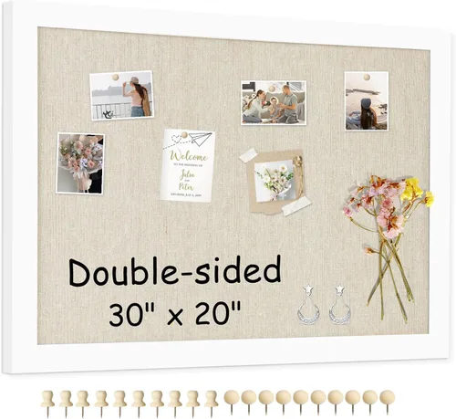 Miniatura 18 de Tablero de corcho de doble cara con lino, tablero de anuncios pequeño con marco de madera colgante de 12 x 12 pulgadas, kit de tablero de visión