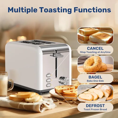 Miniatura 2 de YSSOA Tostadora de acero inoxidable de 2 rebanadas, 6 ajustes de tostado y 3 funciones, ranura extra ancha y bandeja extraíble para migas, para pan