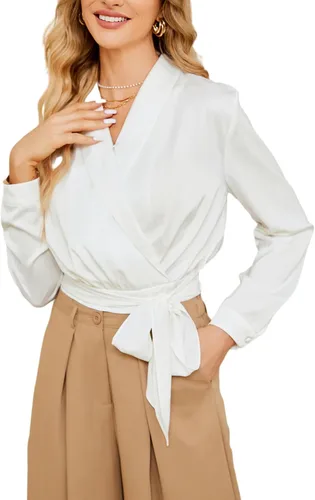 JASAMBAC Women's Satin Silk Blouses 2023 Dressy Casual Fall Crop Long Sleeve V Neck Wear to Work Tops