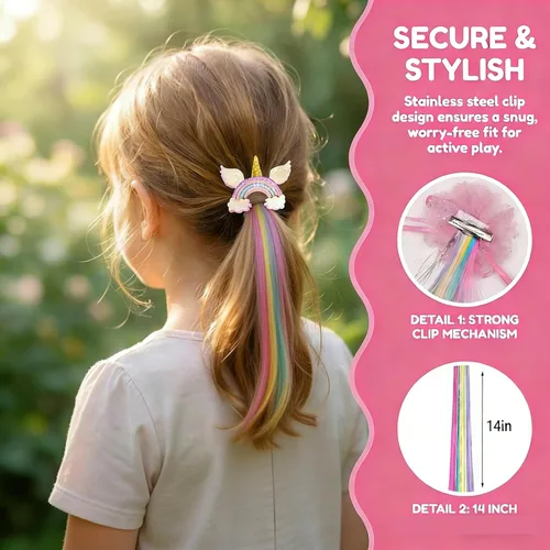 Miniatura 2 de Little World Pinzas para el cabello para niñas, 6 extensiones de cabello arcoíris, pinzas de pelo de unicornio para niñas y niños pequeños, colas