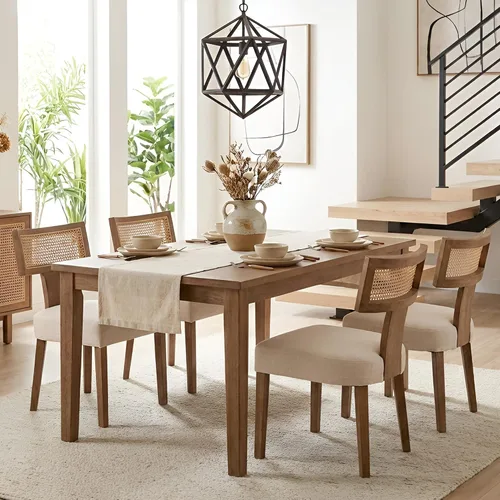 Miniatura 8 de HNY Juego de 4 sillas de comedor de ratán modernas de mediados de siglo, sillas de comedor tapizadas de lino de granja, sillas de cocina con Ratán