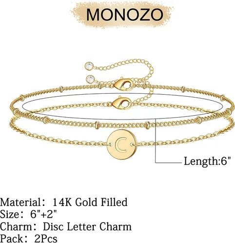 Miniatura 2 de MONOZO - Pulseras con iniciales para mujeres y niñas, delicadas con cuentas de oro de 14 quilates, personalizadas, 26 letras del alfabeto