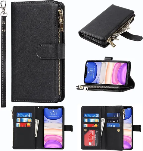 Funda tipo cartera compatible con iPhone 11, 6.1 pulgadas, color negro: 9 ranuras para tarjetas, bolsillo para efectivo con cremallera, funda