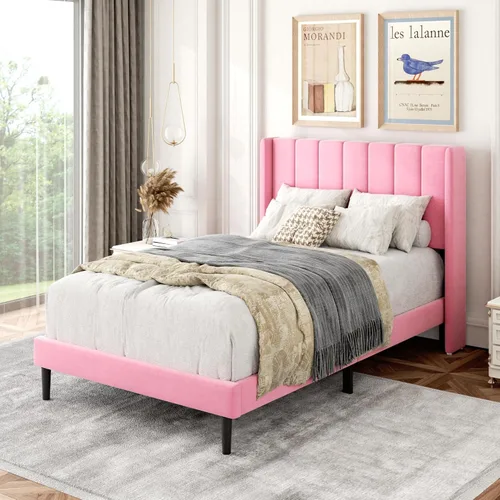 Miniatura 3 de Gruwans Marcos de Cama Tamaño Doble con Cabecera con Respaldo de Ala, Marco de Cama Plataforma de Fácil Montaje, Soporte de Listones de Madera Rosado