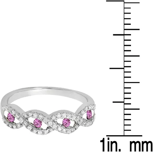 Miniatura 3 de Anillo de boda apilable de oro de 10 quilates con zafiro rosa y diamante blanco para mujer, zafiro rosa, Zafiro