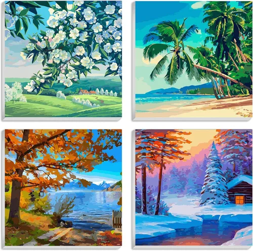 Amphol Kits de pintura por números para adultos sobre lienzo enmarcado, paquete de 4 unidades, pintura fácil de pintar por números para adultos