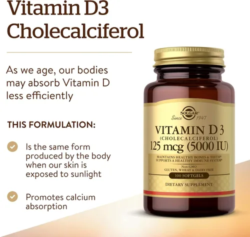 Miniatura 3 de Solgar - Vitamina D3 (colecalciferol) 125 MCG (5000 UI), 100 cápsulas blandas - Ayuda a mantener huesos y dientes sanos - Apoyo al sistema