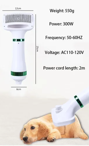 Miniatura 2 de Secador de pelo para mascotas, secador de perro 2 en 1, secador de pelo silencioso de 300 W, incluye cepillo de peine, temperatura ajustable