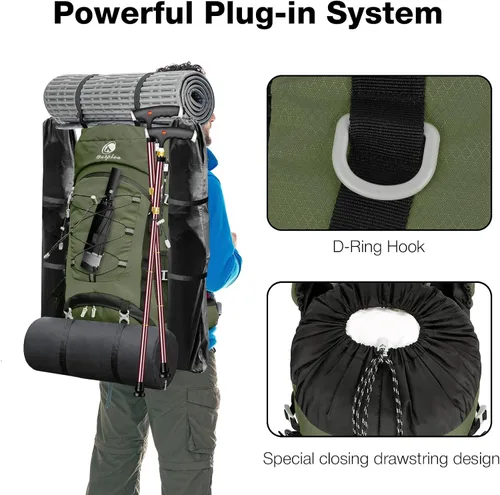 Miniatura 5 de Mochila de senderismo impermeable de 60L con cubierta de lluvia para hombres y mujeres, mochila de camping grande, verde Verde oscuro