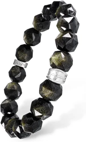 AWNL Pulsera de cuentas para hombre con dije de plata de ley de 0.394 pulgadas (0.394 in) de oro, obsidiana y ojo de tigre natural, regalo para