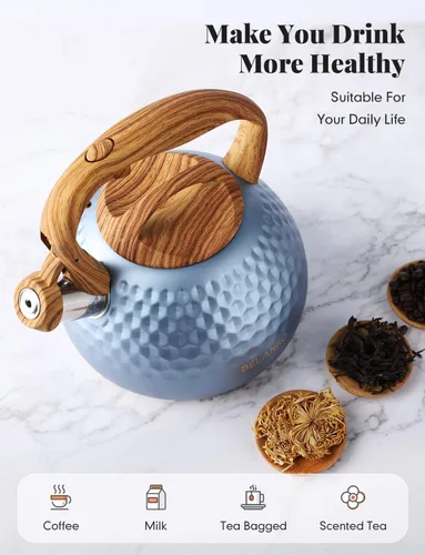 Miniatura 2 de BELANKO - Tetera de acero inoxidable de 2.7 cuartos de galón para estufa, de grado alimenticio con mango de patrón de madera, con silbido fuerte