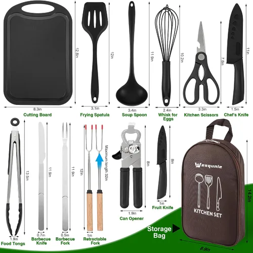 Miniatura 6 de Juego de utensilios de cocina esenciales para acampar - Kit de cocina portátil para campamento al aire libre, accesorios de acero inoxidable y Marrón