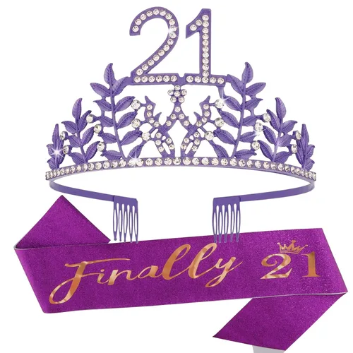 Miniatura 9 de Banda y tiara dorada de cumpleaños número 21, decoraciones y decoración para tartas, corona de finalmente 21