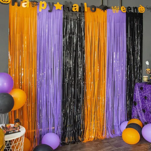 LOLStar Paquete de 3 accesorios para cabina de fotos naranja, morado y negro, cortinas de flecos de aluminio de 3.3 x 6.6 pies, telón de fondo de