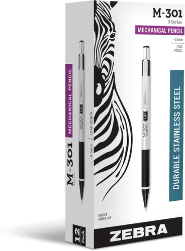 Zebra Pen, STEEL M-301 - Lápices mecánicos, punta fina de 0.020 in, mina recargable, barril de acero inoxidable, borrador integrado, clip duradero,
