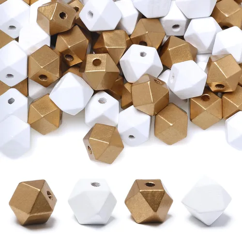 Miniatura 8 de 100 cuentas geométricas de madera de 0.630 in, cuentas espaciadoras de madera con forma de polígono en blanco y negro para proyectos