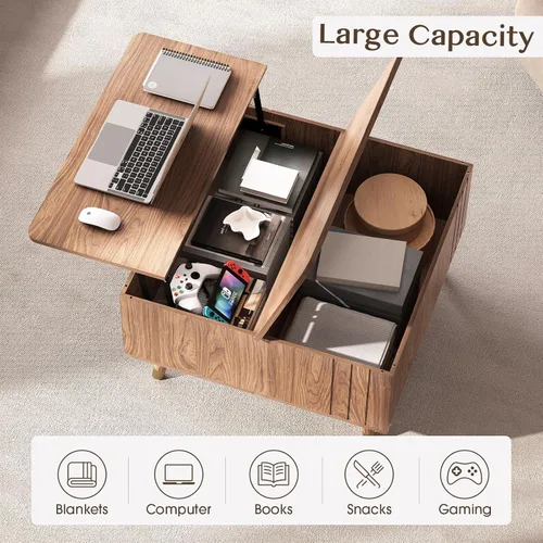 Miniatura 4 de JOINICE - Mesa auxiliar cuadrada con tapa elevable para sala estar u oficina en casa, con almacenamiento, compartimento oculto, estilo moderno Nogal