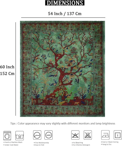 Miniatura 3 de THE ART BOX Tapiz verde árbol de la vida para colgar en la pared, colcha mediana de algodón indio, sábana de picnic, decoración de pared, manta