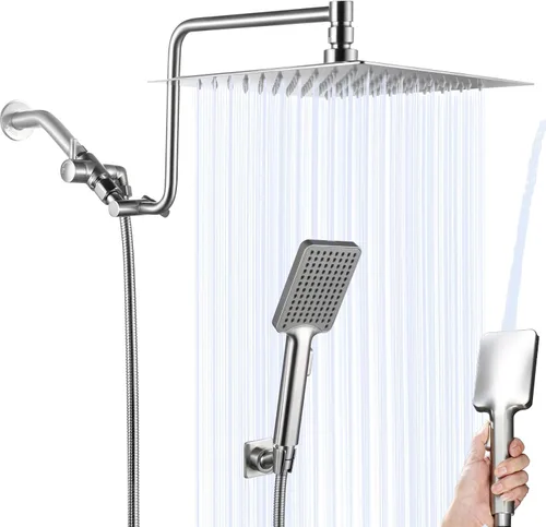 Miniatura 10 de Cabezal de ducha de 8 pulgadas para California con combo de mano, brazo de extensión de 12 pulgadas de altura ajustable, cabezal de ducha de acero