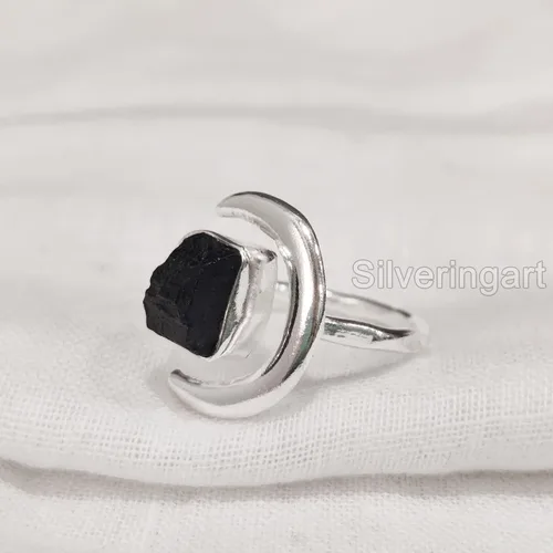 Miniatura 2 de Anillo de turmalina negra natural, anillo ajustable de luna creciente de turmalina áspera, octubre, plata de ley 925, anillo para mujer, Navidad